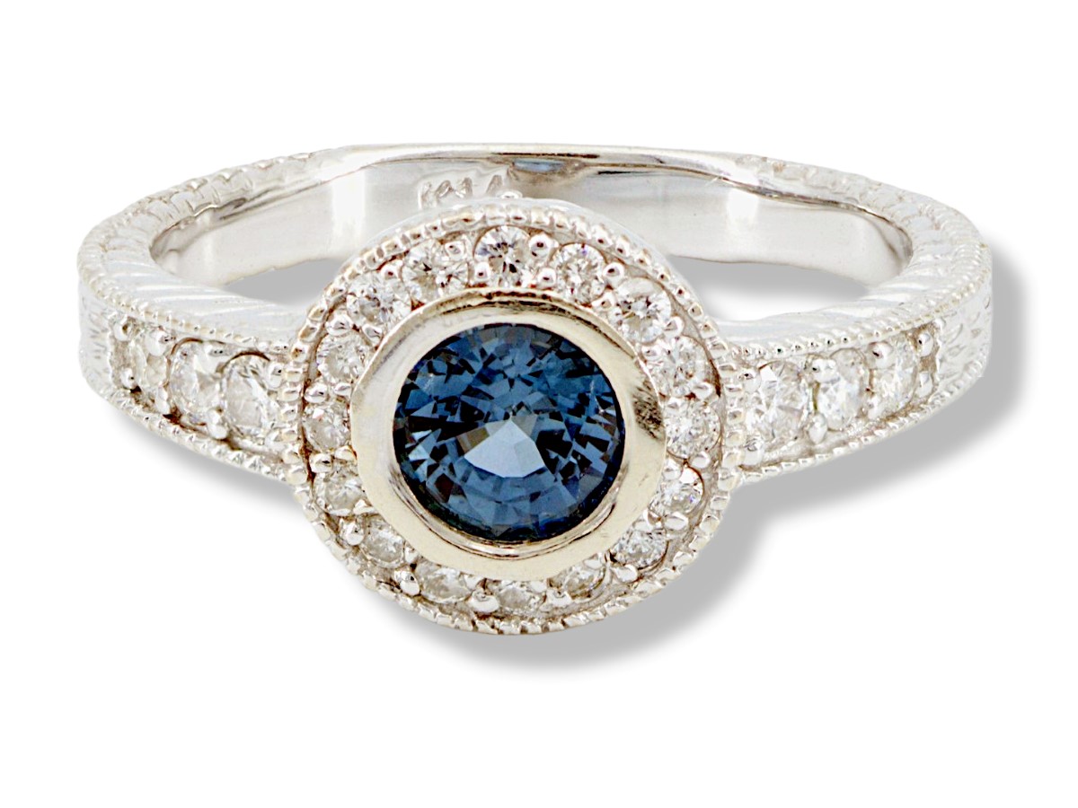 Sat June 4 – 14K White Gold Blue stone and Diamond Ring – $369